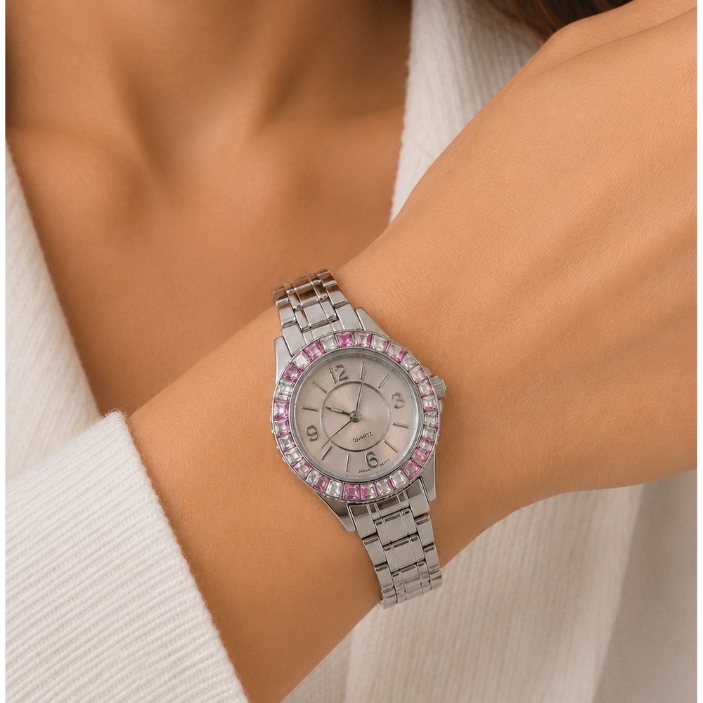Vintage MZ Berger Watch Pink Crystal Bezel Mother of Pearl Dial Silver Tone Link